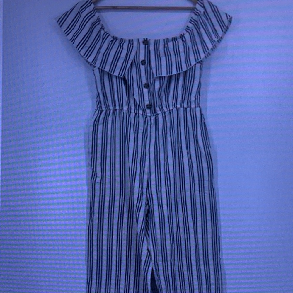Striped Off-Shoulder Jumpsuit - Navy and White
